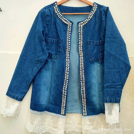Pearls with lace denim jacket soft quality