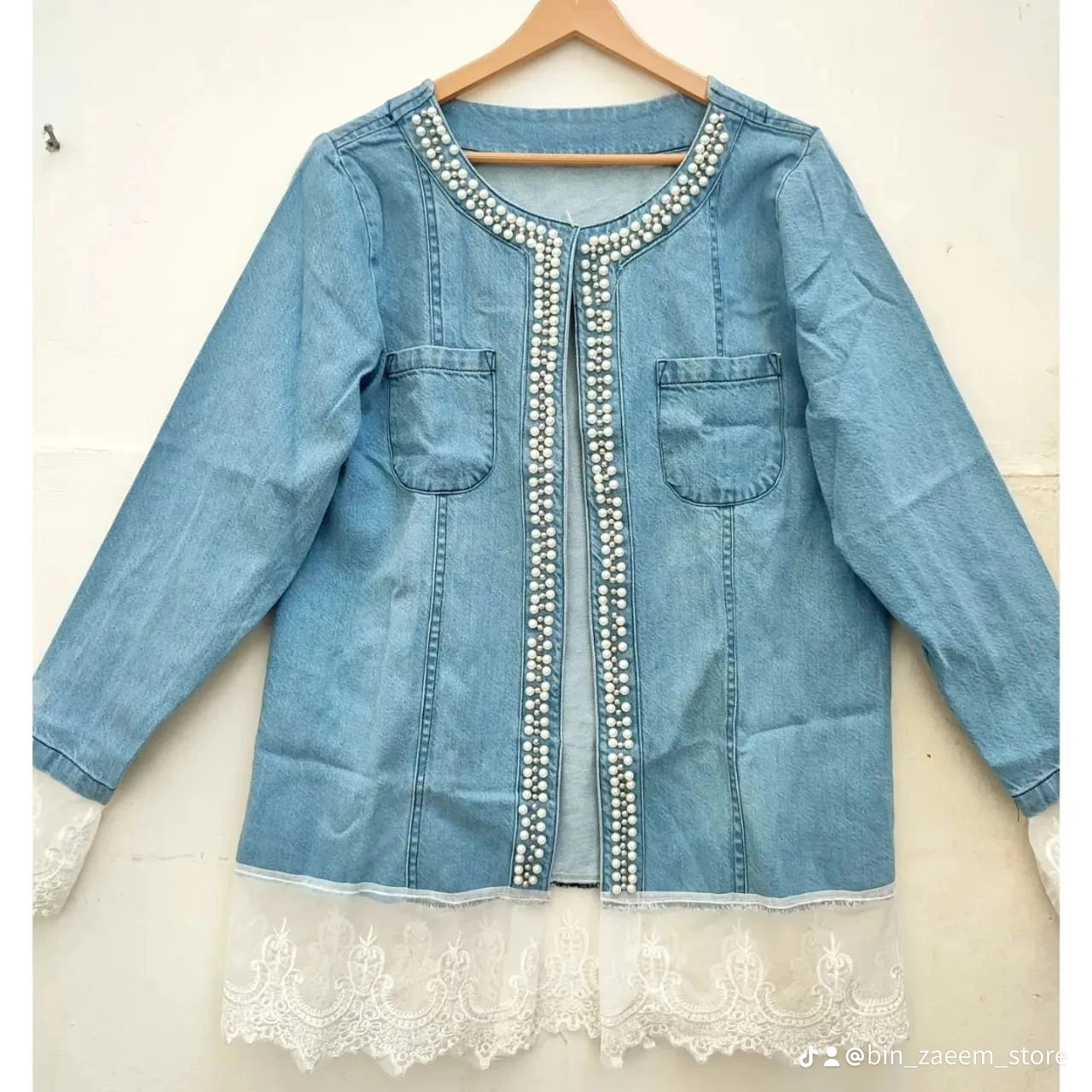Pearls with lace denim jacket soft quality
